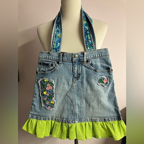 Handmade Upcycled Shoulder/Tote Bag, Blue/Green, Embroidered - Picture 1 of 6